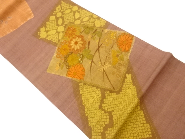 リサイクル　手織り紬汕頭相良蘇州刺繍絞り色紙に秋草模様袋帯